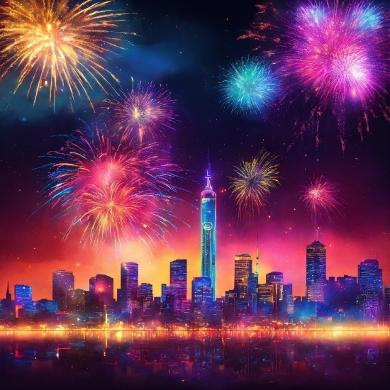 Skyscraper, Atmosphere, Fireworks, Photograph, Sky, Light