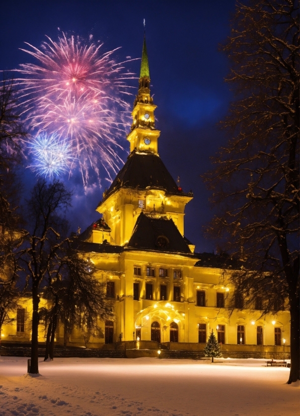 Sky, Fireworks, Building, Light, World, Snow