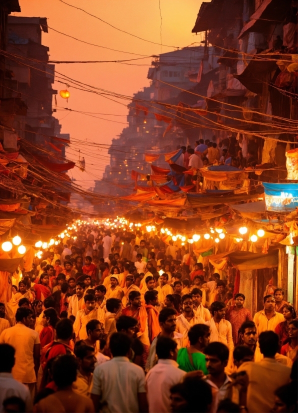 Clothing, Sky, Orange, Temple, Crowd, Electricity