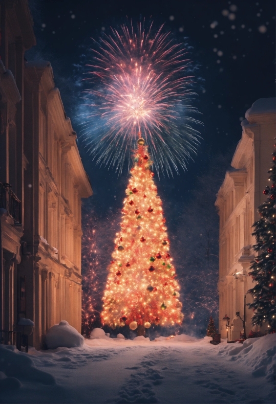 Snow, Sky, Building, Fireworks, World, Light