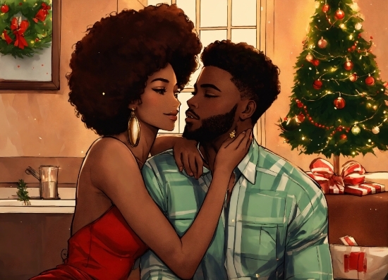 Head, Christmas Tree, Hairstyle, Jheri Curl, Plant, Gesture