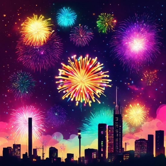 Fireworks, Atmosphere, Skyscraper, Sky, Photograph, Light