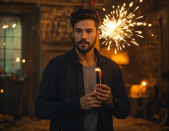 Fireworks, Flash Photography, Beard, Gesture, Fun, Midnight