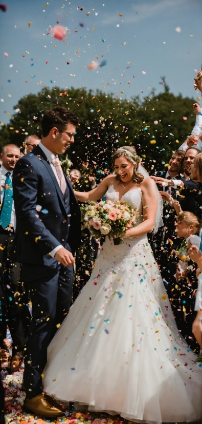 Flower, Wedding Dress, Bride, Plant, Facial Expression, Smile