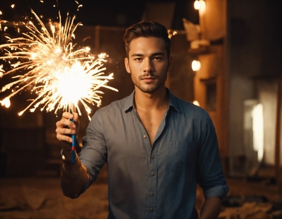 Fireworks, Flash Photography, Gesture, Happy, Dress Shirt, Fun