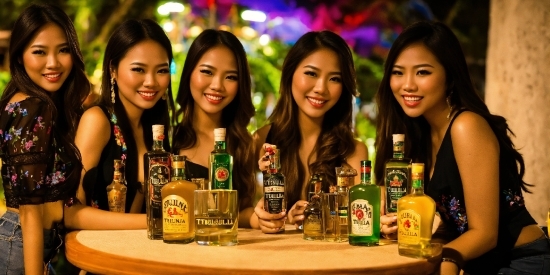 Smile, Hair, Face, Bottle, Table, Drinking Establishment