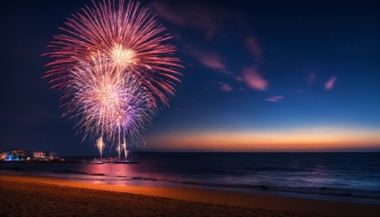 Water, Sky, Atmosphere, Fireworks, Light, Beach