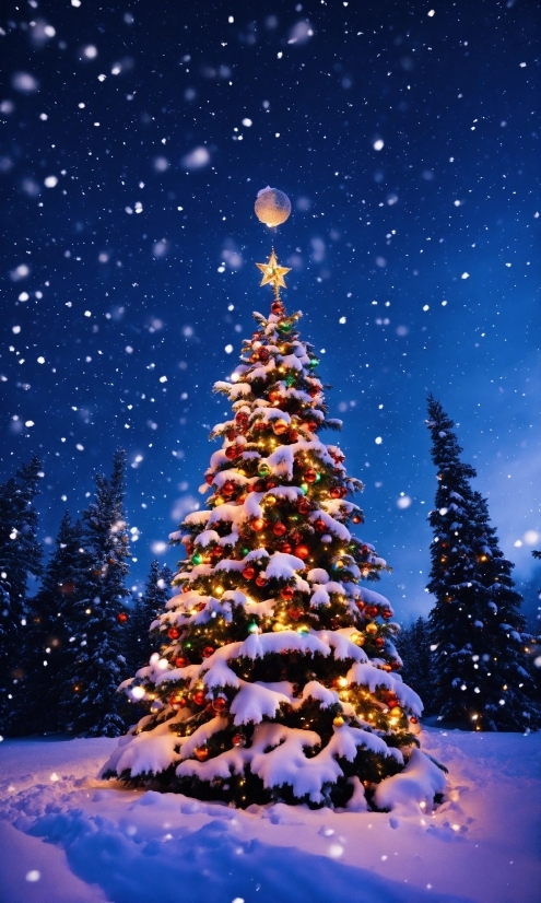 Christmas Tree, Sky, Snow, Plant, World, Light