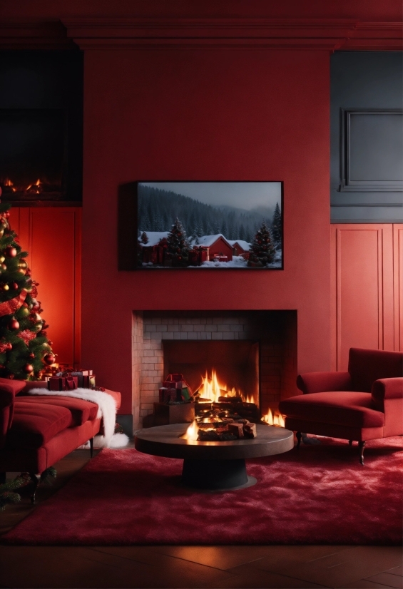 Christmas Tree, Picture Frame, Hearth, Lighting, Wood, Orange