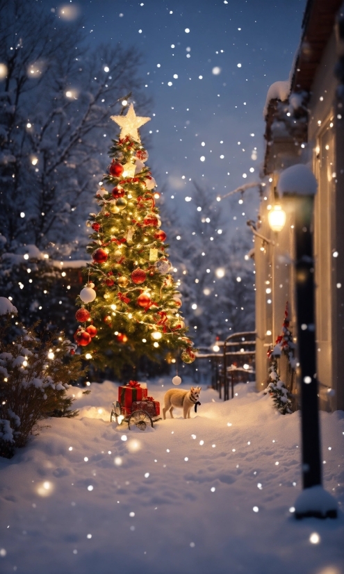 Christmas Tree, Sky, Christmas Ornament, Plant, Light, Snow