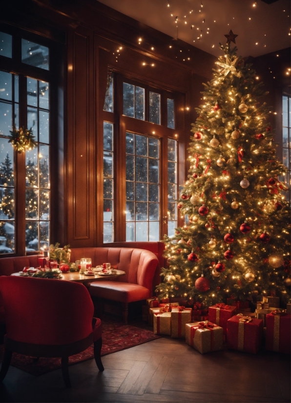 Christmas Tree, Furniture, Window, Wood, Lighting, Branch