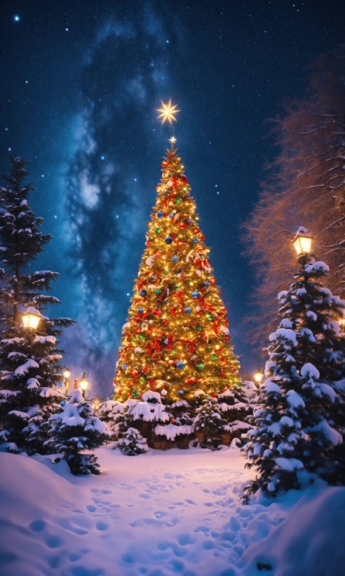 Christmas Tree, Snow, Plant, Sky, Light, World