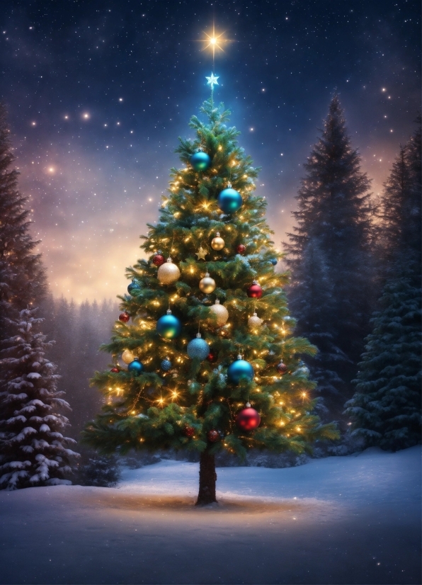 Christmas Tree, Sky, Snow, Light, Nature, Tree