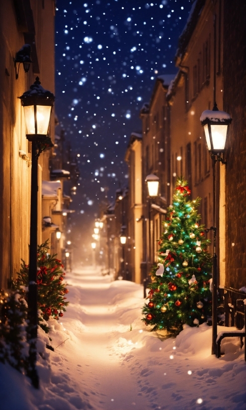 Christmas Tree, Plant, Snow, Street Light, Light, Building