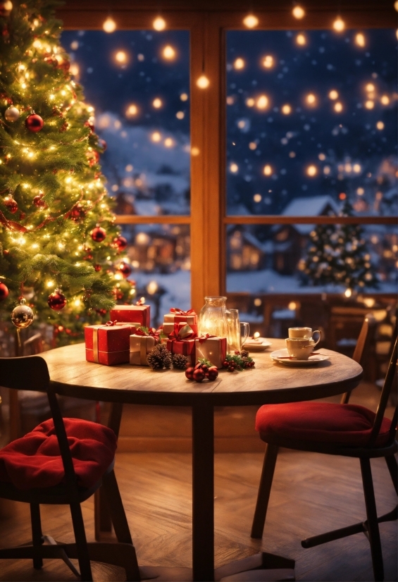 Furniture, Decoration, Christmas Tree, Table, Chair, Light