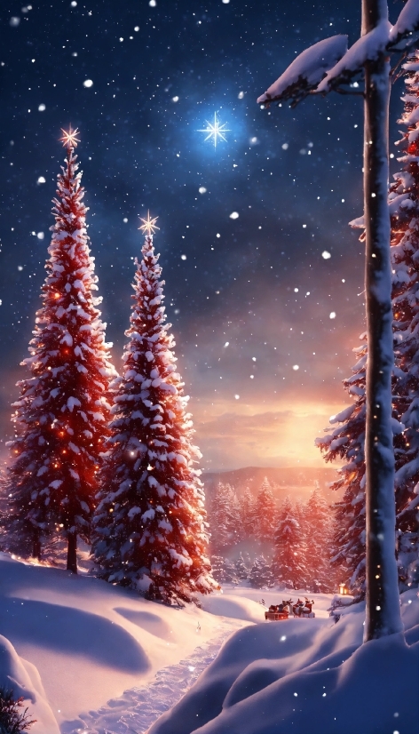 Christmas Tree, Sky, Snow, Plant, Light, Nature