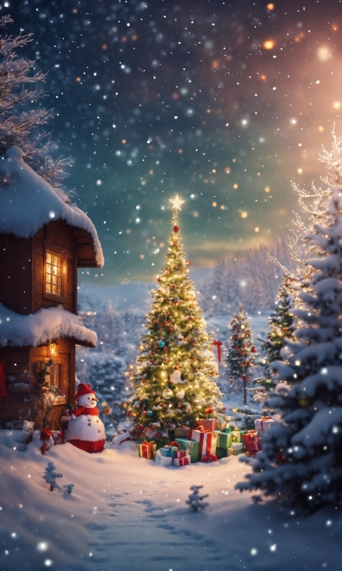 Christmas Tree, Snow, Sky, World, Light, Plant