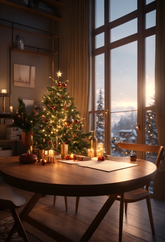 Christmas Tree, Table, Furniture, Property, Plant, Light