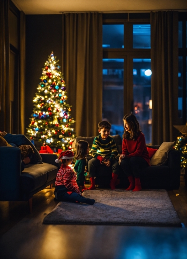 Christmas Tree, Blue, Window, Christmas Ornament, Couch, Interior Design