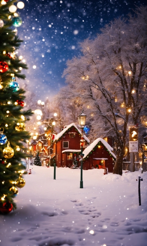 Snow, Sky, Building, Light, Christmas Tree, Tree