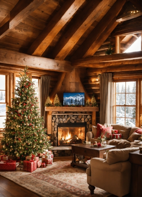 Christmas Tree, Couch, Window, Wood, Building, Interior Design