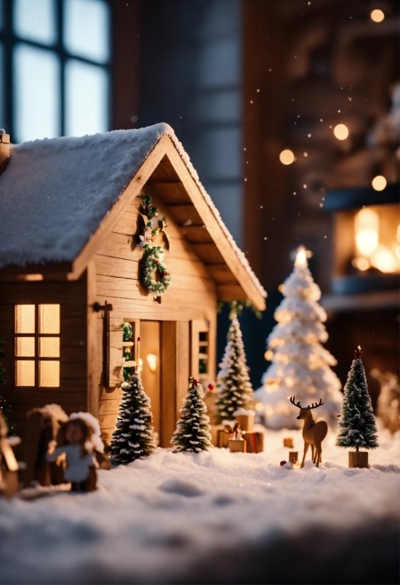 Christmas Tree, Plant, Snow, Light, Window, Wood