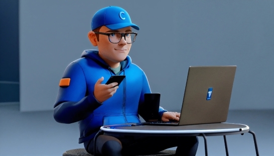 Computer, Glasses, Laptop, Personal Computer, Blue, Cap