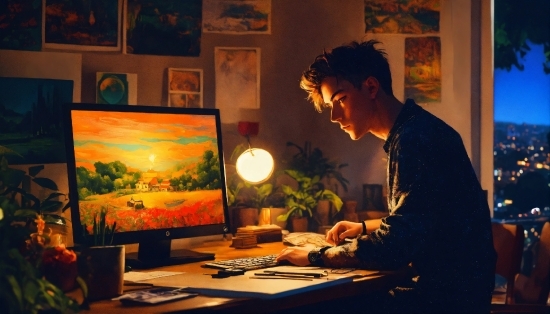 Picture Frame, Table, Plant, Desk, Computer, Art