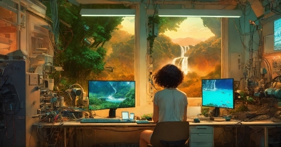 Computer, Computer Monitor, Plant, Window, Personal Computer, Lighting