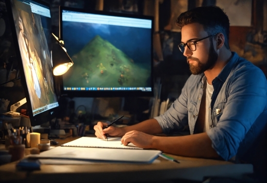 Glasses, Computer Monitor, Output Device, Computer, Desk, Table