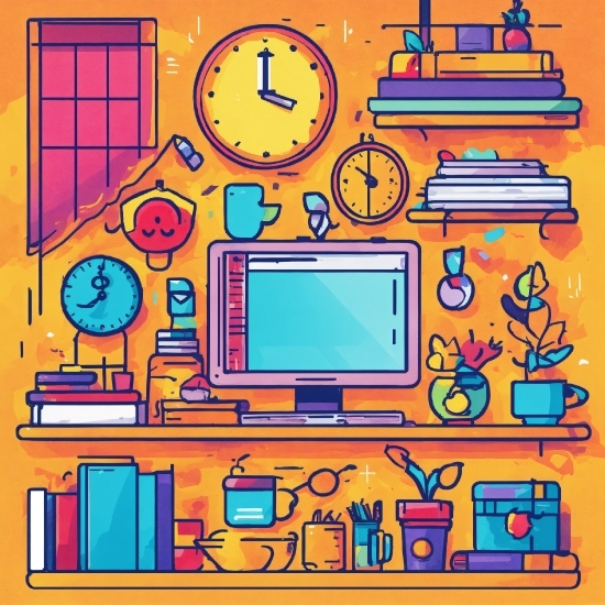 Orange, Rectangle, Yellow, Cartoon, Art, Clock