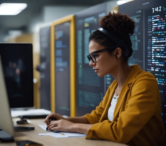 Computer, Personal Computer, Desk, Table, Eyewear, Audio Equipment