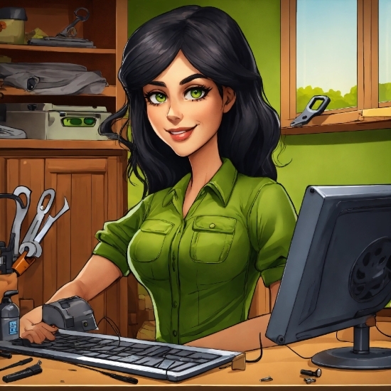 Computer, Personal Computer, Cartoon, Smile, Peripheral, Desk