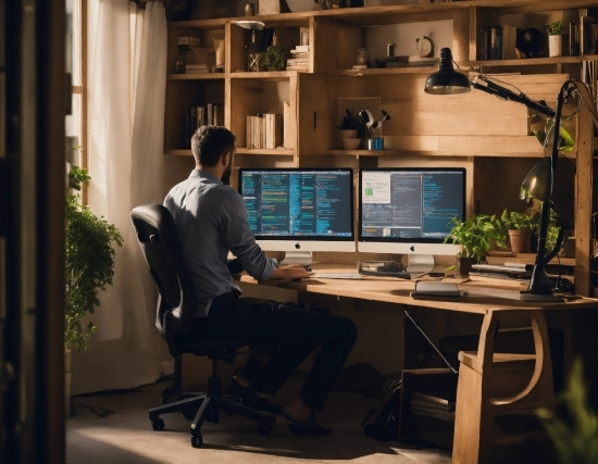 Computer, Table, Personal Computer, Computer Monitor, Plant, Furniture