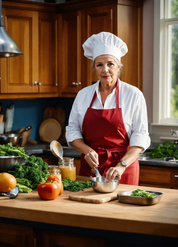 Food, Tableware, Countertop, Chef, Apron, Smile