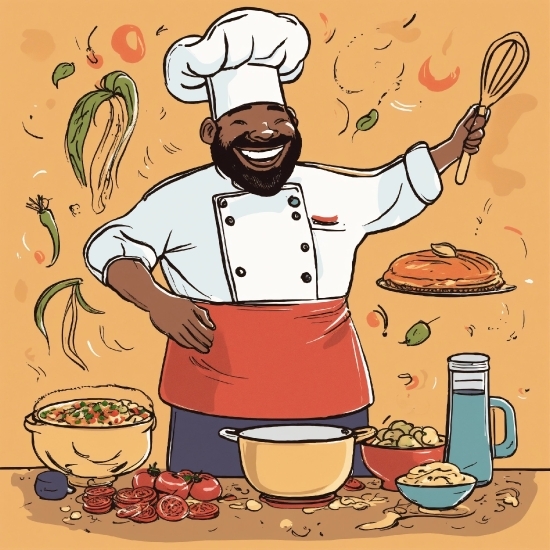 Food, Tableware, Smile, Cartoon, Gesture, Chef