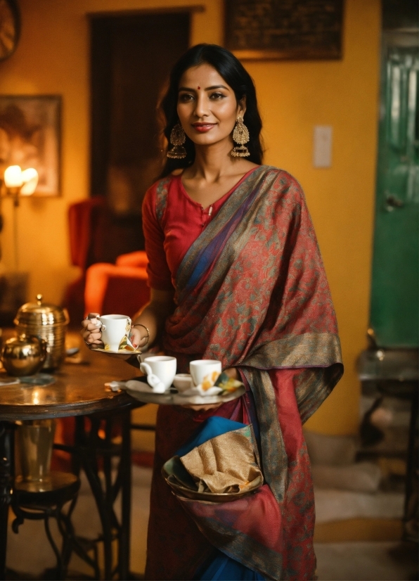 Table, Tableware, Smile, Sleeve, Sari, Fashion Design