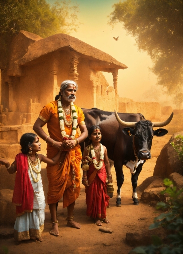 Sky, Working Animal, Temple, Tree, Plant, Bull