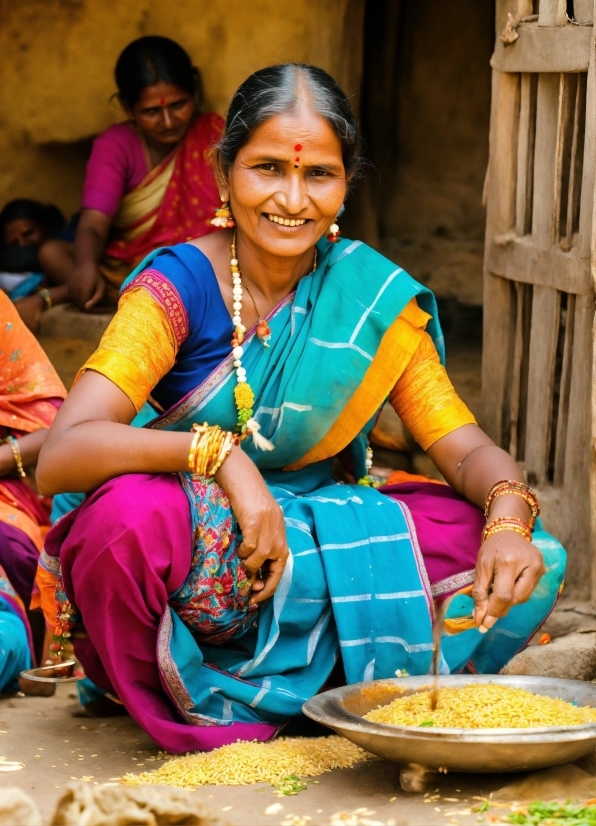 Smile, Facial Expression, Green, Temple, Yellow, Sari