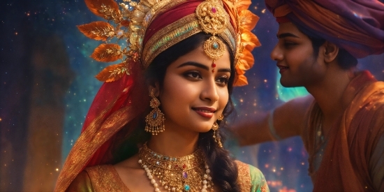 Skin, Smile, Hairstyle, Sari, Temple, Happy