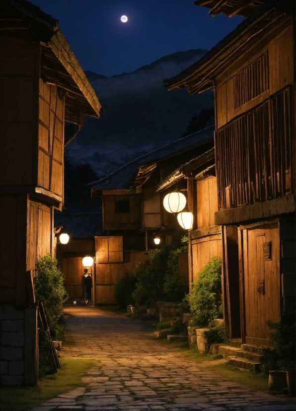 Plant, Building, Sky, Road Surface, Moon, House