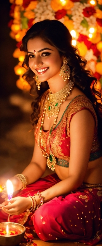 Hair, Skin, Candle, Smile, Flash Photography, Sari