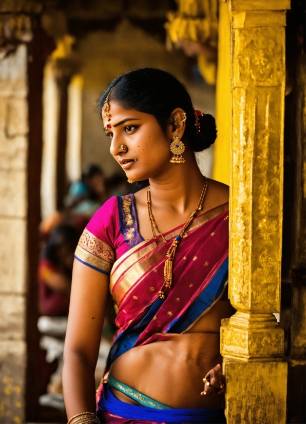 Temple, Sari, Trunk, Black Hair, Waist, Flash Photography