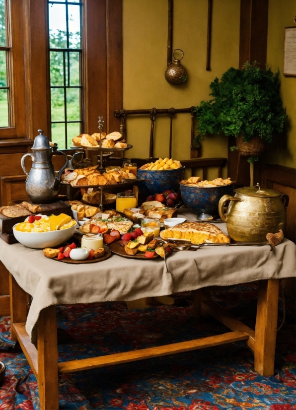 Food, Table, Plant, Window, Blue, Decoration