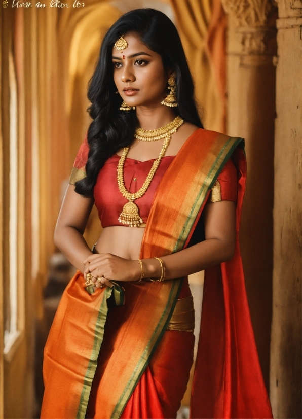 Shoulder, Sari, Neck, Sleeve, Waist, Thigh