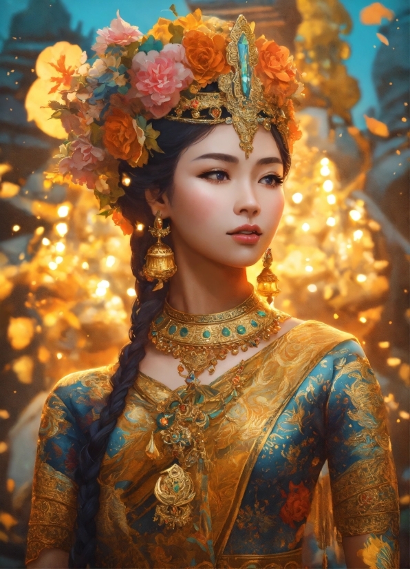 Head, Hairstyle, Eye, Temple, Flower, Fashion Design