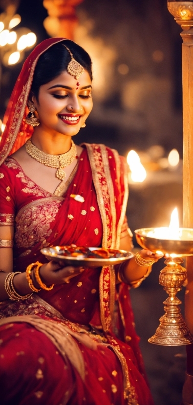 Smile, Candle, Human, Human Body, Temple, Sari