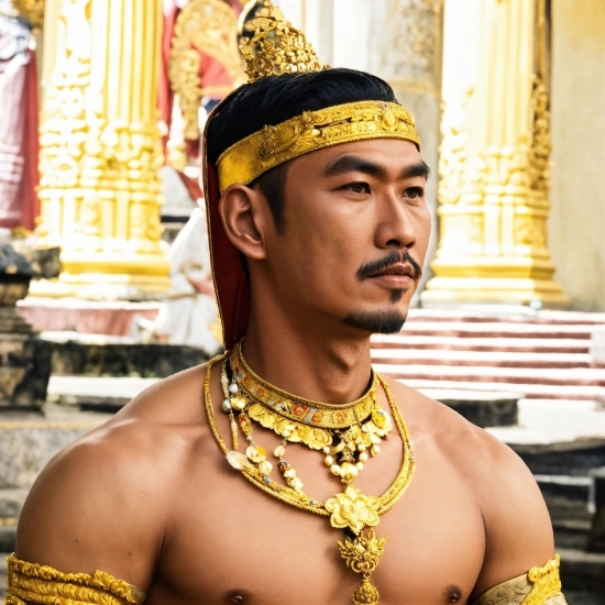 Temple, Yellow, Headgear, Chest, Trunk, Jewellery