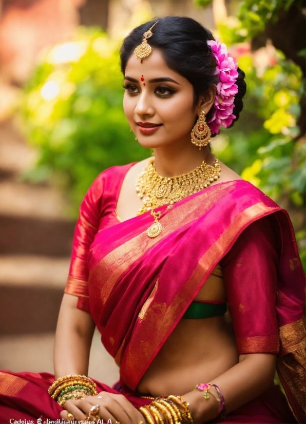 Skin, Smile, Green, Sari, Temple, Happy