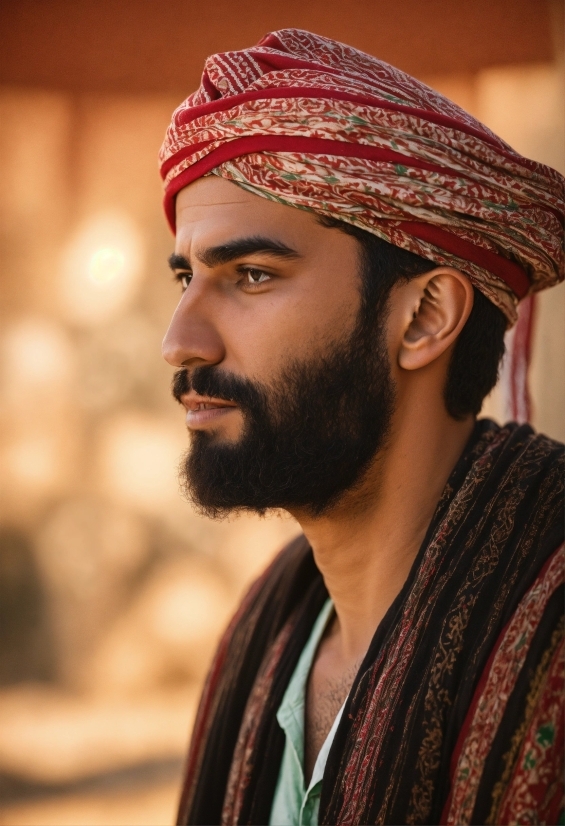 Forehead, Eyebrow, Beard, Hat, Headgear, Turban